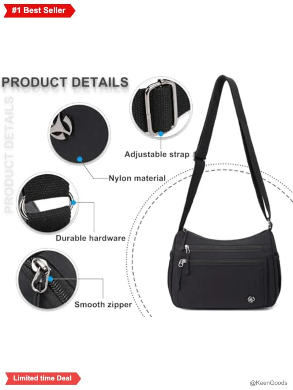 Pealwel Nylon Crossbody Bag Anti-Theft Water-Resistant Purse Adjustable